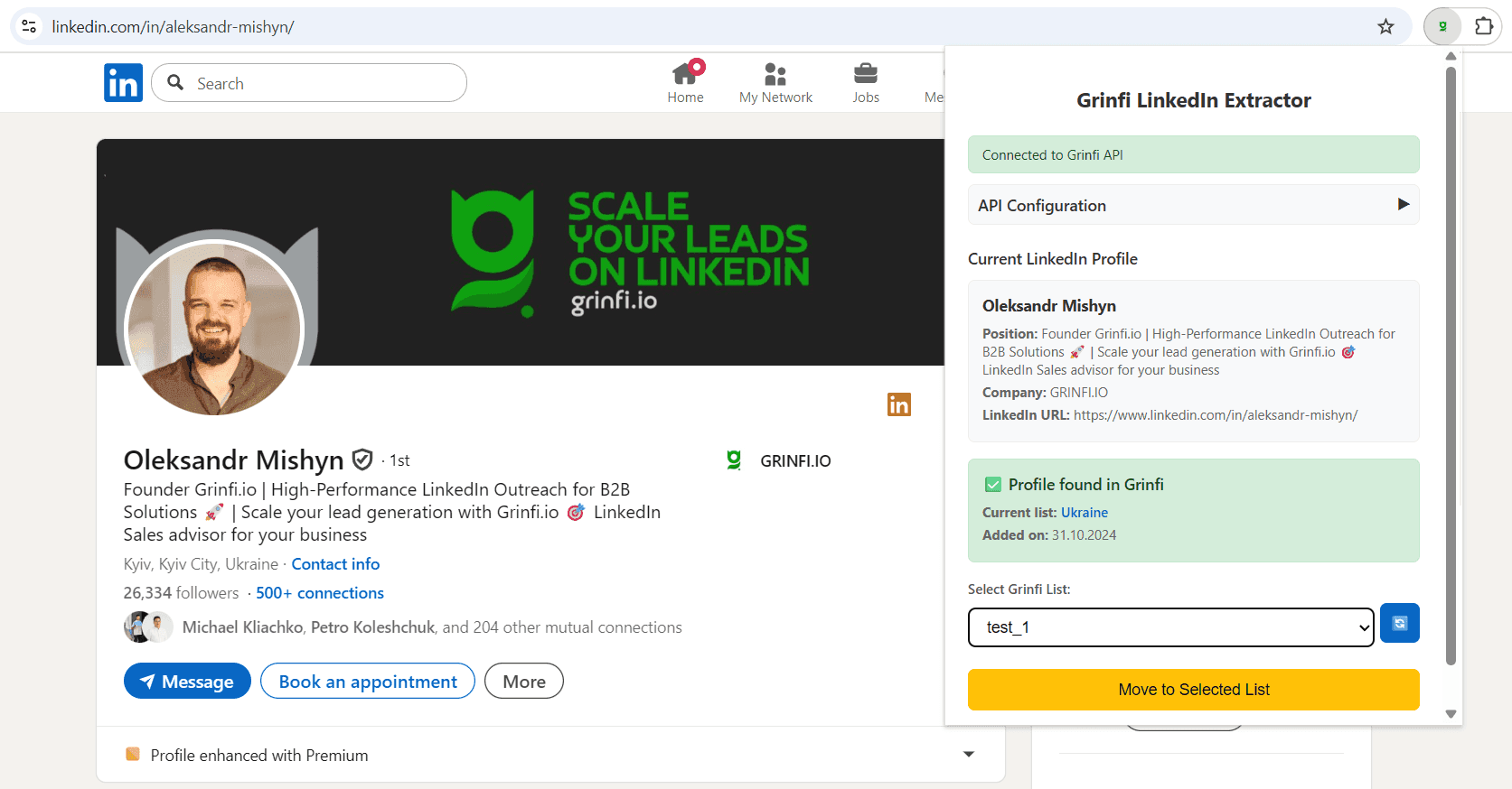 Grinfi LinkedIn Extension in action