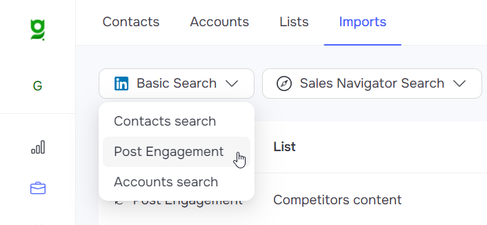 Меню Imports у Grinfi CRM з опцією Post Engagement