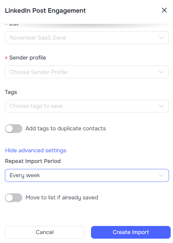 Перемикач Repeat Import Period у розділі Show advanced settings